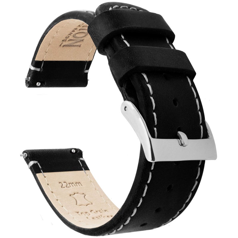 BARTON WATCH BANDS Quick Release Top Grain Leather Watch Band Strap, Black Leather/Linen White Stitching, 22mm - Image 1